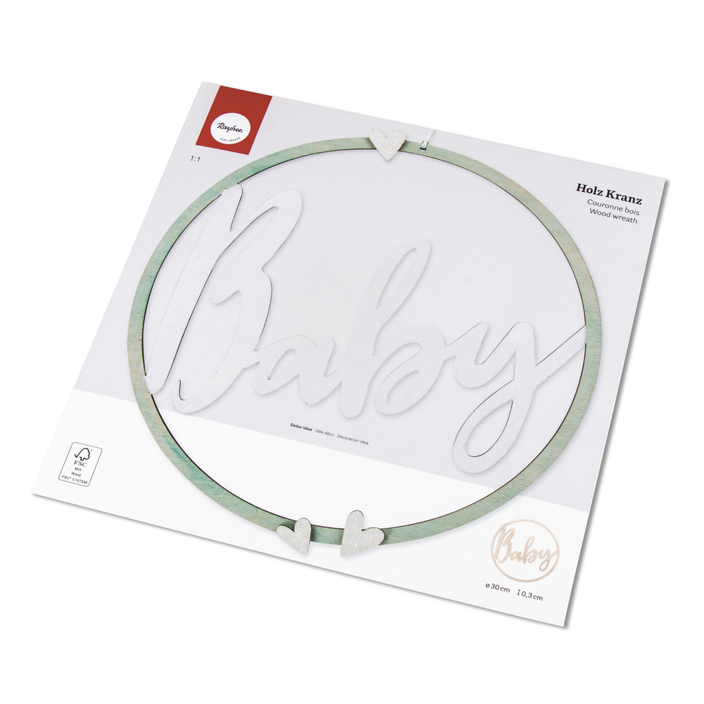 Couronne en bois "Baby" à suspendre - Rayher - FSC MixCred - 30 cm - Nature - Boîte 1 pièce