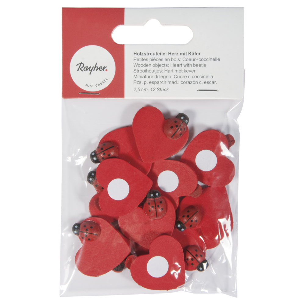 Coeur + coccinelle en bois - 2,5 cm - Rouge - 12 pièces